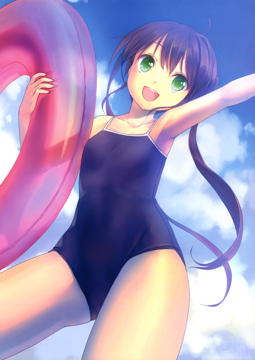 :d absurdres arm_up armpits brown_hair cloud competition_school_swimsuit day from_below green_eyes highres innertube long_hair one-piece_swimsuit open_mouth original school_swimsuit sky smile solo swimsuit takoyaki_(roast) twintails