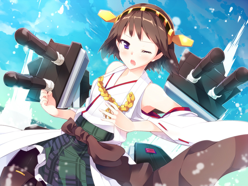 ;o black_legwear blue_eyes blue_vert brown_hair detached_sleeves hairband hiei_(kantai_collection) japanese_clothes kantai_collection machinery one_eye_closed open_mouth pantyhose plaid plaid_skirt short_hair skirt solo turret