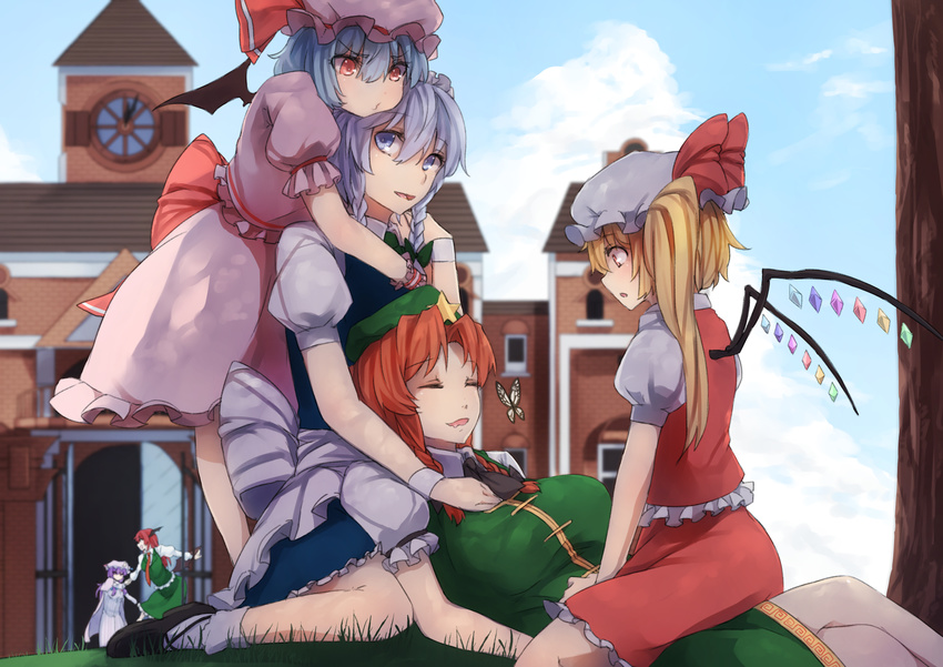 :d :o ^_^ bat_wings blonde_hair blue_hair braid breasts bug butterfly closed_eyes day flandre_scarlet hat head_wings highres hong_meiling insect izayoi_sakuya koakuma kyouya_(mukuro238) lap_pillow large_breasts long_hair maid_headdress multiple_girls o3o open_mouth outdoors patchouli_knowledge pout purple_hair red_eyes remilia_scarlet ribbon short_hair side_ponytail silver_hair sitting sitting_on_person skirt skirt_set sleeping smile star touhou twin_braids wings wrist_cuffs