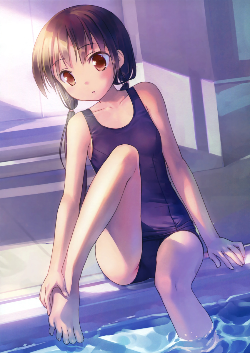 :o absurdres barefoot breasts brown_eyes brown_hair hands_on_feet highres long_hair low_twintails one-piece_swimsuit open_mouth original pool poolside scan school_swimsuit sitting small_breasts soaking_feet solo swimsuit takoyaki_(roast) twintails water