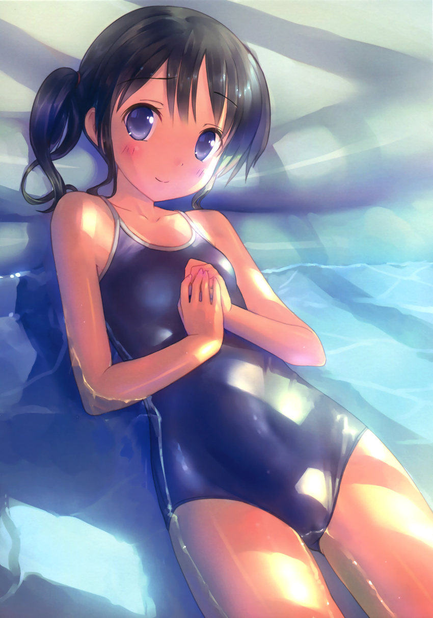 absurdres black_hair blue_eyes blush competition_school_swimsuit highres long_hair looking_at_viewer lying on_back one-piece_swimsuit original partially_submerged school_swimsuit shiny shiny_clothes side_ponytail smile solo swimsuit takoyaki_(roast) water wet