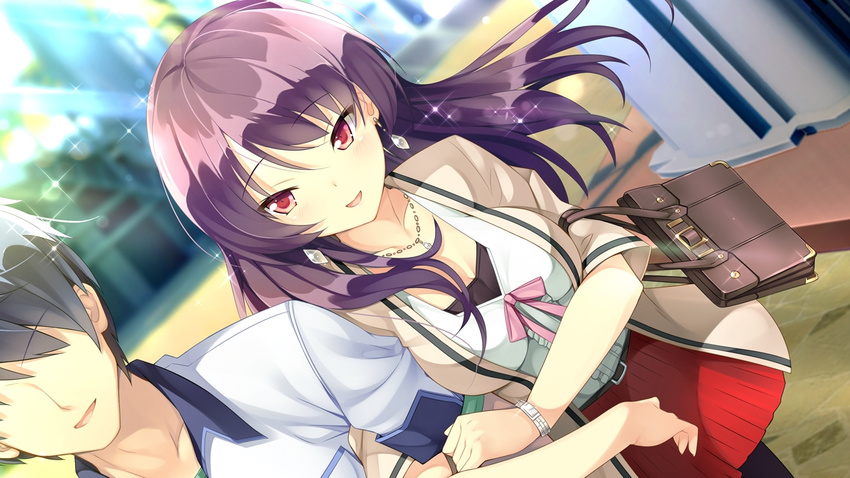 1girl blush fujita_konomi game_cg jewelry koi_saku_miyako_ni_ai_no_yakusoku_wo_~annaffiare~ long_hair natsume_eri necklace pink_eyes purple_hair skirt thighhighs