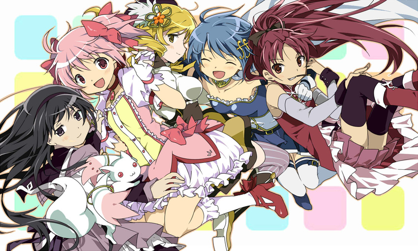 5girls :d akemi_homura armband beret black_hair blonde_hair blue_hair bow cape closed_eyes drill_hair food gloves grin hair_bow hair_ornament hairband hairclip hat holding_hands kaname_madoka kyubey long_hair magical_girl mahou_shoujo_madoka_magica mahou_shoujo_madoka_magica_movie miki_sayaka multiple_girls open_mouth pink_eyes pink_hair pocky ponytail purple_eyes red_eyes red_hair sakura_kyouko short_hair short_twintails smile thighhighs tomoe_mami twin_drills twintails yellow_eyes zettai_ryouiki
