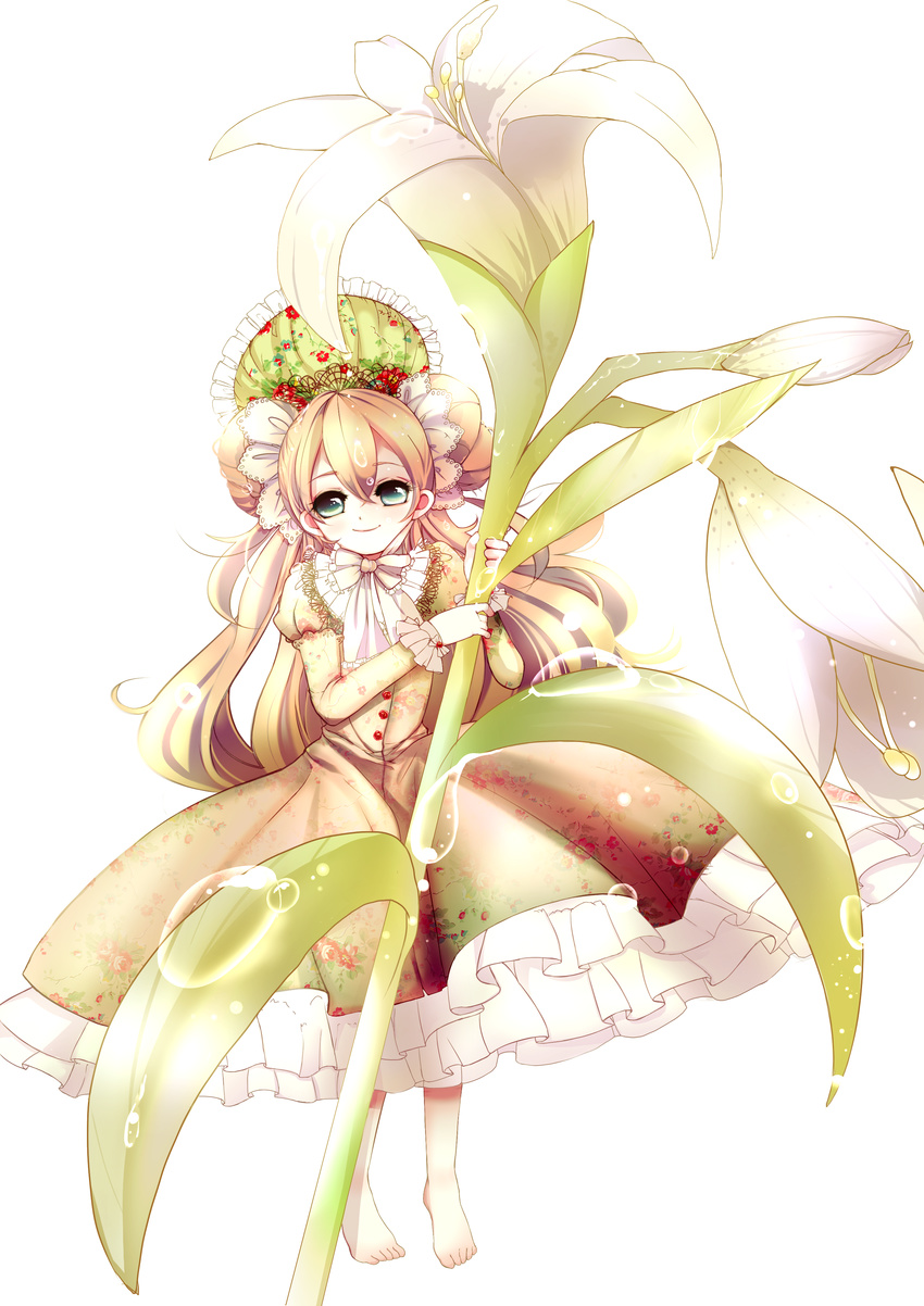 absurdres barefoot cozy_(koko9037) double_bun dress flower frills gloves green_eyes headdress highres light_brown_hair lily_(flower) long_hair minigirl original smile solo very_long_hair water