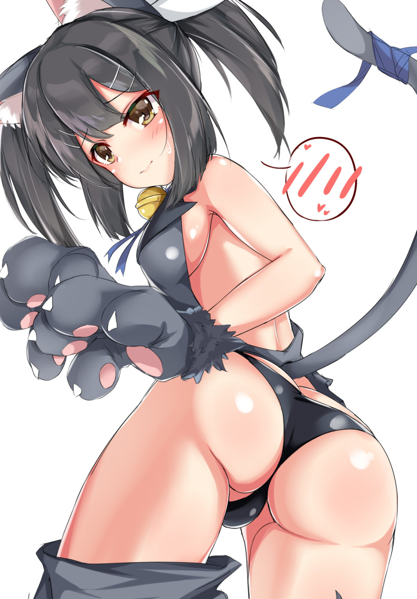 1girl animal_ears aono_(f_i_s) ass backless_outfit bangs bare_shoulders bell black_hair black_panties blue_ribbon blush breasts brown_eyes cat_ears cat_tail closed_mouth fate/kaleid_liner_prisma_illya fate_(series) feathers gloves grey_gloves hair_feathers hair_ornament hairclip highres hips jingle_bell long_hair looking_at_viewer miyu_edelfelt panties paw_gloves paws ribbon simple_background small_breasts solo spoken_blush tail thighs twintails underwear white_background
