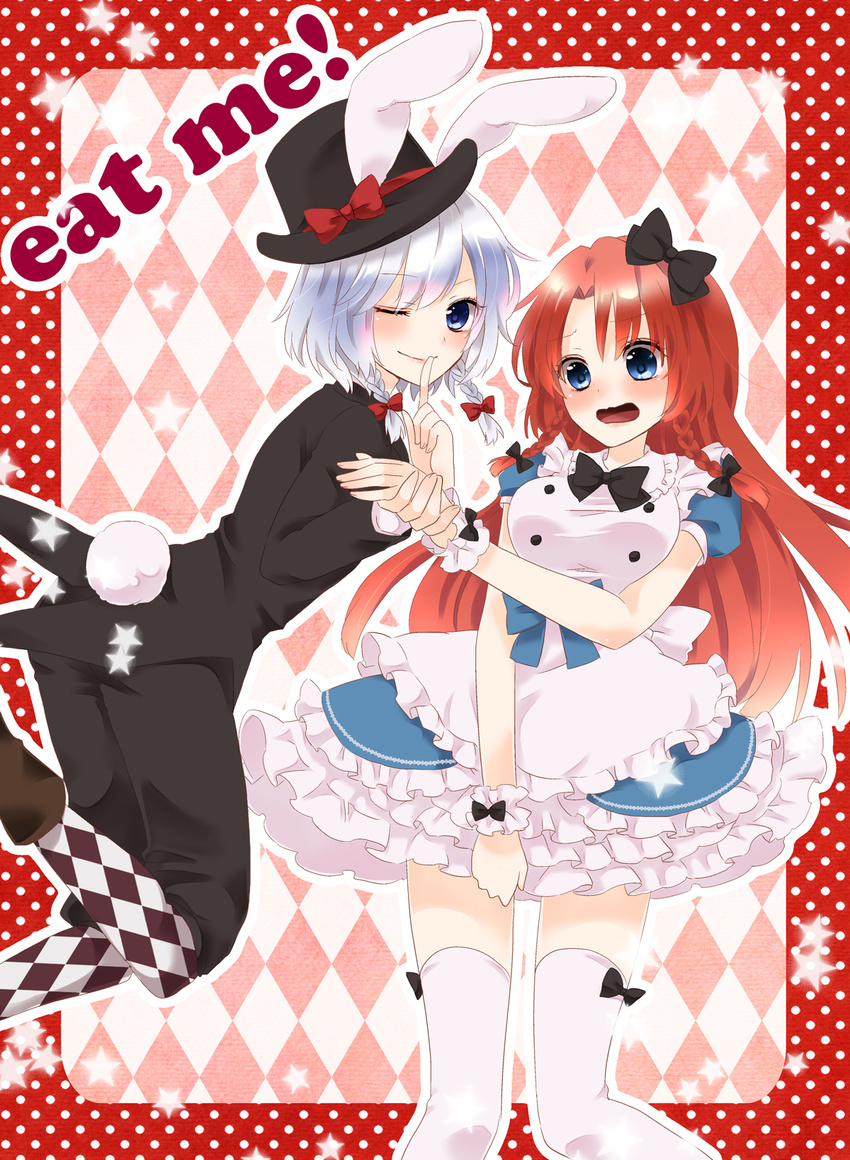 2girls alice_in_wonderland animal_ears artist_request bunny_ears chitose_(usacan) hat hong_meiling izayoi_sakuya multiple_girls thighhighs touhou usacan wink