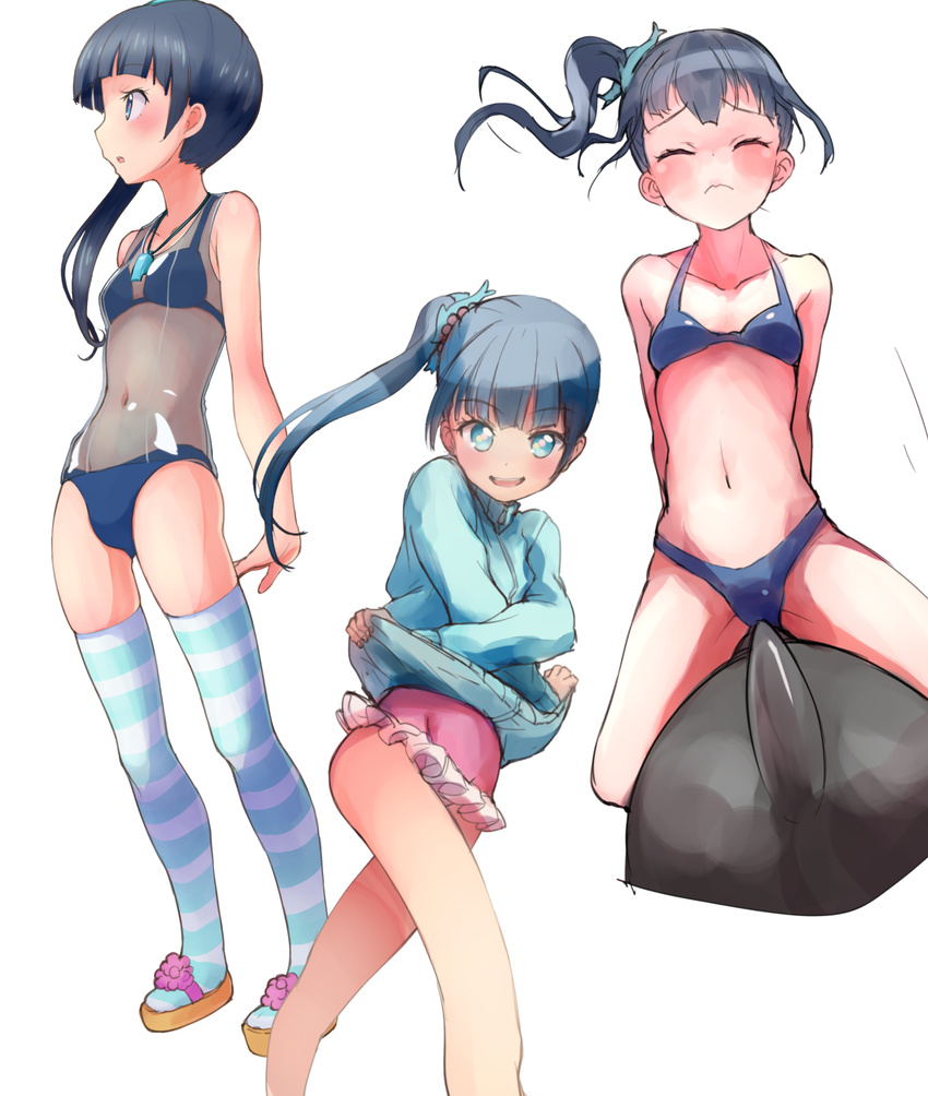 bikini bikini_under_clothes black_hair blue_eyes casual_one-piece_swimsuit character_sheet costume_chart fantasista_doll frilled_swimsuit frills highres inflatable_orca inflatable_toy jacket long_hair multiple_views navel nyama one-piece_swimsuit side_ponytail striped striped_legwear swimsuit swimsuit_under_clothes thighhighs track_jacket ukiwa_(fantasista_doll) undressing whistle