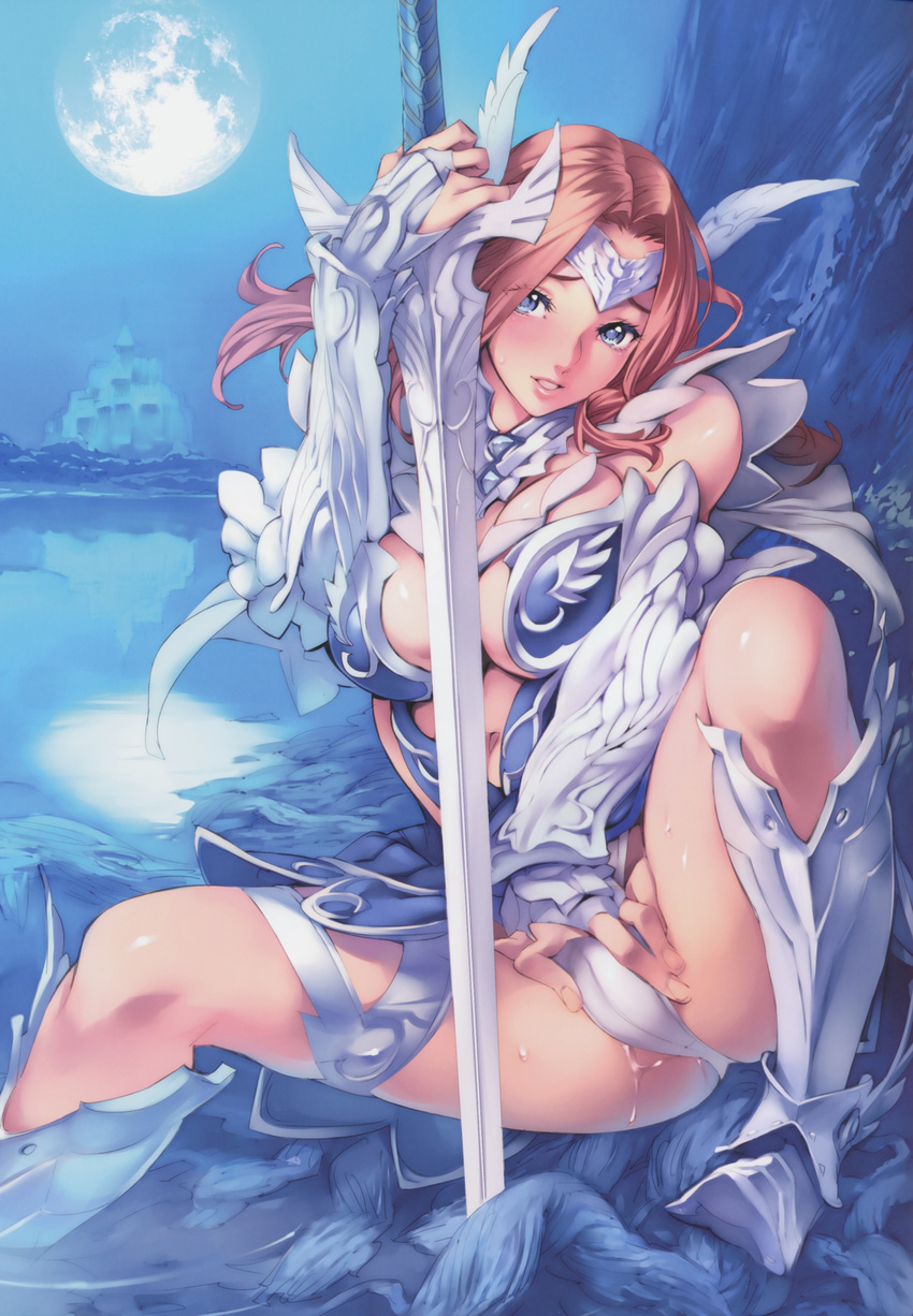 1girl absurdres arm_guards armor blue_eyes brown_hair cameltoe cover gauntlets greaves highres legs nishieda panties parted_lips pussy_juice pussy_juice_drip shiny shiny_skin solo spread_legs sword underwear weapon