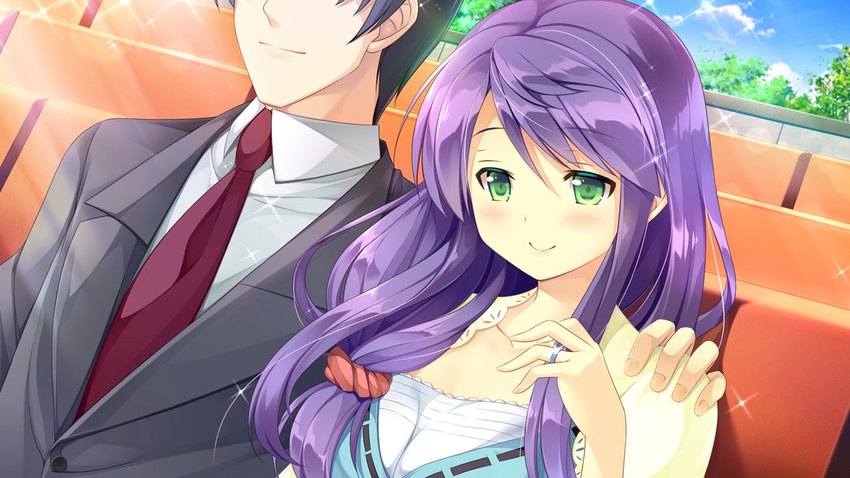 1boy 1girl blush daikou_wakako game_cg green_eyes koba_kazuomi koi_saku_miyako_ni_ai_no_yakusoku_wo_~annaffiare~ long_hair natsume_eri necktie purple_hair tie