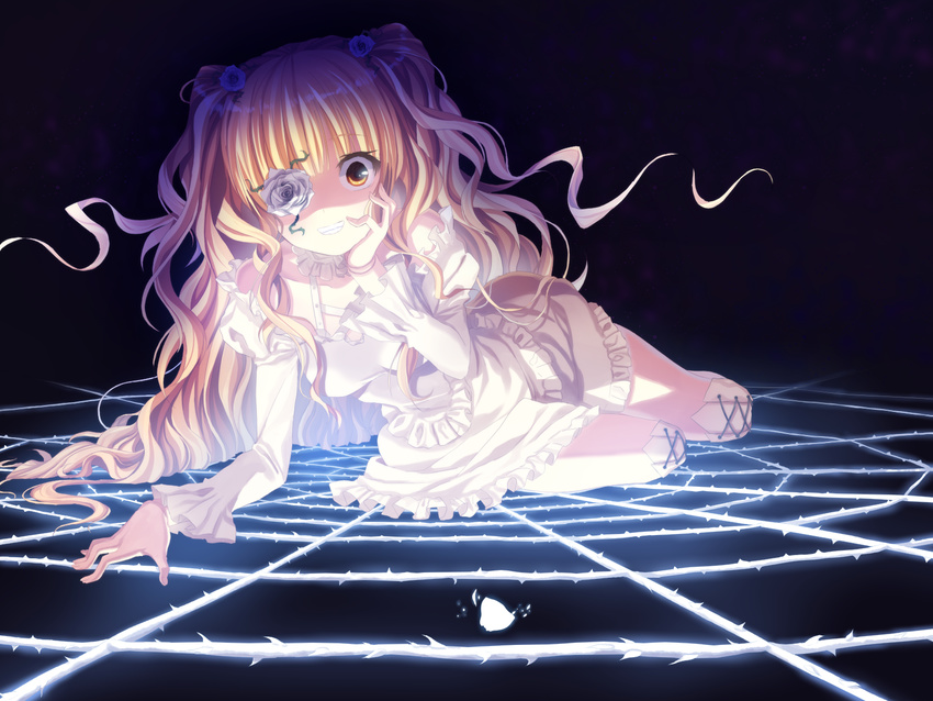 bad_id bad_pixiv_id blonde_hair doll_joints dress flower frilled_dress frills glowing grin hair_ornament hand_on_own_cheek hand_on_own_face highres hikaru_kirara kirakishou long_hair lying on_side rose rozen_maiden silk smile solo spider_web thorns yellow_eyes