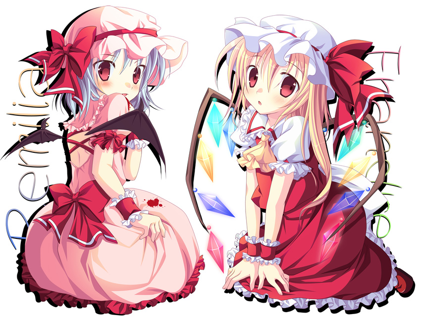 :o ascot bad_id bad_pixiv_id bat_wings character_name dress flandre_scarlet frilled_dress frilled_skirt frills full_body hat hat_ribbon licoco looking_back mini_wings multiple_girls pink_dress red_eyes remilia_scarlet ribbon short_hair siblings sisters sitting skirt skirt_set touhou v_arms wariza white_background wings wrist_cuffs