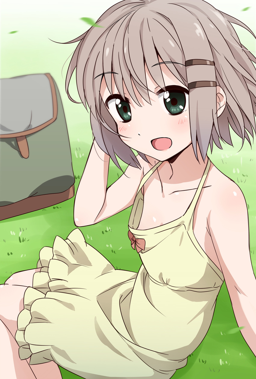 :d absurdres backpack bad_id bad_pixiv_id bag bangs bare_arms bare_shoulders blush bow collarbone downblouse dress eyebrows_visible_through_hair grass green_eyes grey_hair hair_ornament hairclip hand_on_ear highres looking_at_viewer mousou_(mousou_temporary) open_mouth outdoors short_hair sitting sleeveless sleeveless_dress smile solo wind yama_no_susume yukimura_aoi