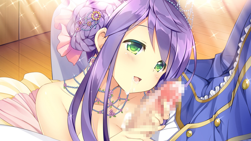 1girl blush censored daikou_wakako game_cg green_eyes jewelry koi_saku_miyako_ni_ai_no_yakusoku_wo_~annaffiare~ natsume_eri necklace penis purple_hair