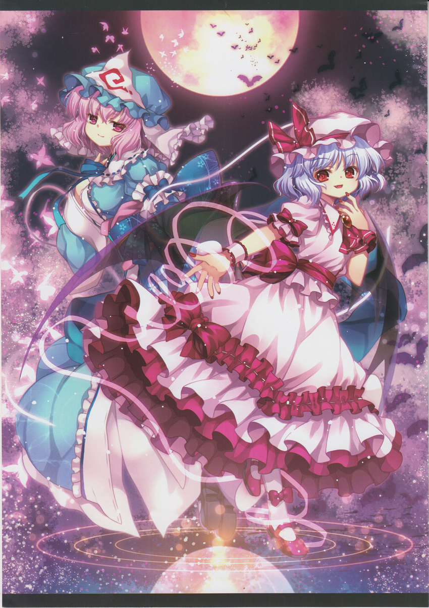 ascot bat bat_wings blue_hair bow bug butterfly capura_lin dress fang frills hand_on_own_chest hat hat_ribbon highres insect japanese_clothes long_sleeves looking_at_viewer mob_cap moon multiple_girls open_mouth pink_eyes pink_hair puffy_sleeves red_eyes remilia_scarlet ribbon saigyouji_yuyuko scan short_hair smile touhou triangular_headpiece veil wavy_hair wings wrist_cuffs