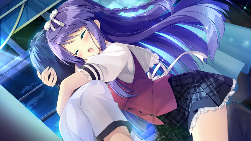 1boy 1girl braid braids daikou_wakako eyes_closed game_cg kneehighs koba_kazuomi koi_saku_miyako_ni_ai_no_yakusoku_wo_~annaffiare~ long_hair natsume_eri purple_hair school_uniform seifuku skirt