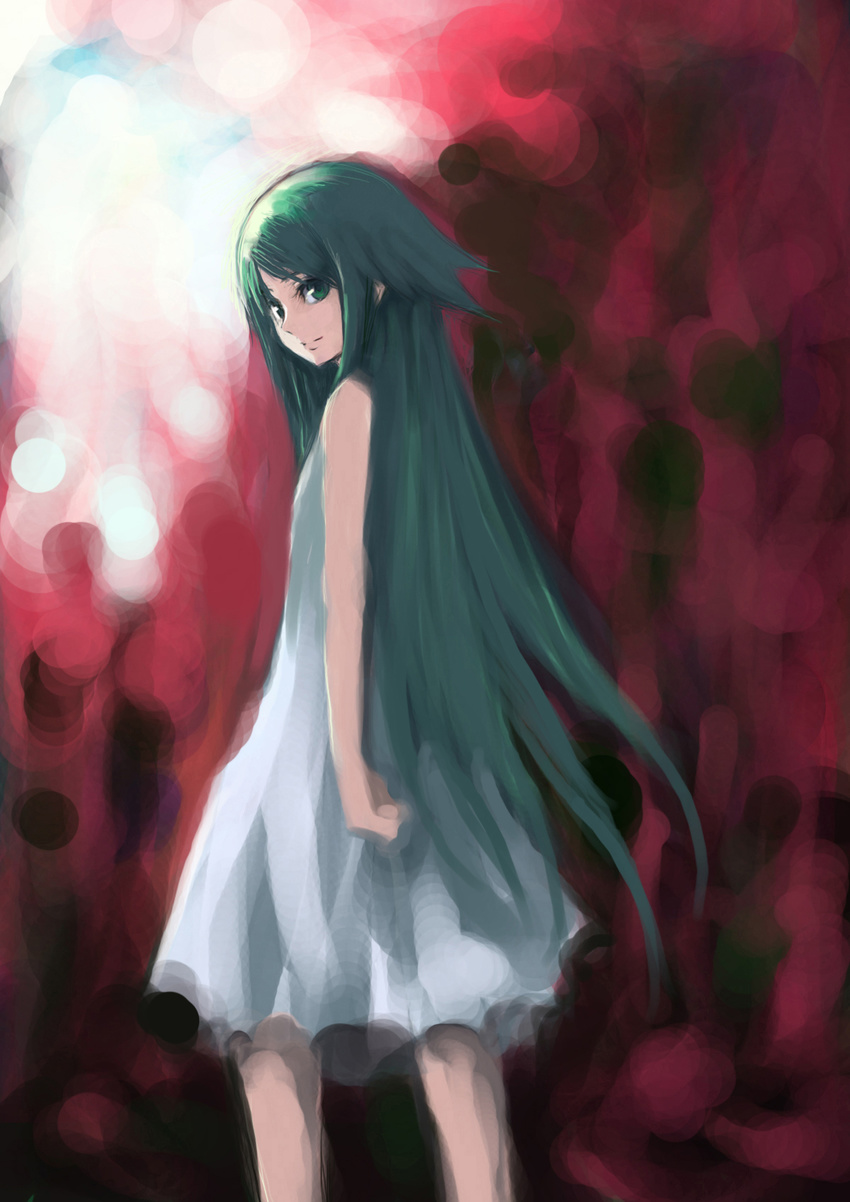 dress green_eyes green_hair highres johan_(johan13) long_hair looking_back saya saya_no_uta smile solo standing