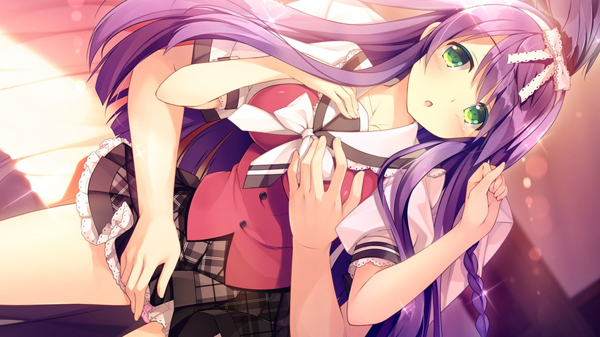 1girl blush bow breast_grab daikou_wakako game_cg grabbing green_eyes headband koba_kazuomi koi_saku_miyako_ni_ai_no_yakusoku_wo_~annaffiare~ long_hair natsume_eri panties pantyshot purple_hair school_uniform seifuku skirt underwear upskirt