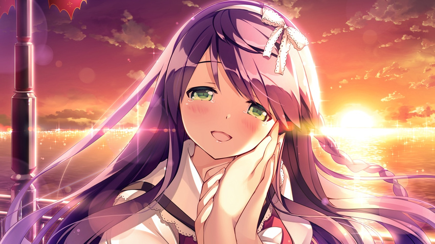 1girl blush bow braid braids cloud clouds daikou_wakako game_cg green_eyes headband koi_saku_miyako_ni_ai_no_yakusoku_wo_~annaffiare~ long_hair natsume_eri purple_hair sky sunset water