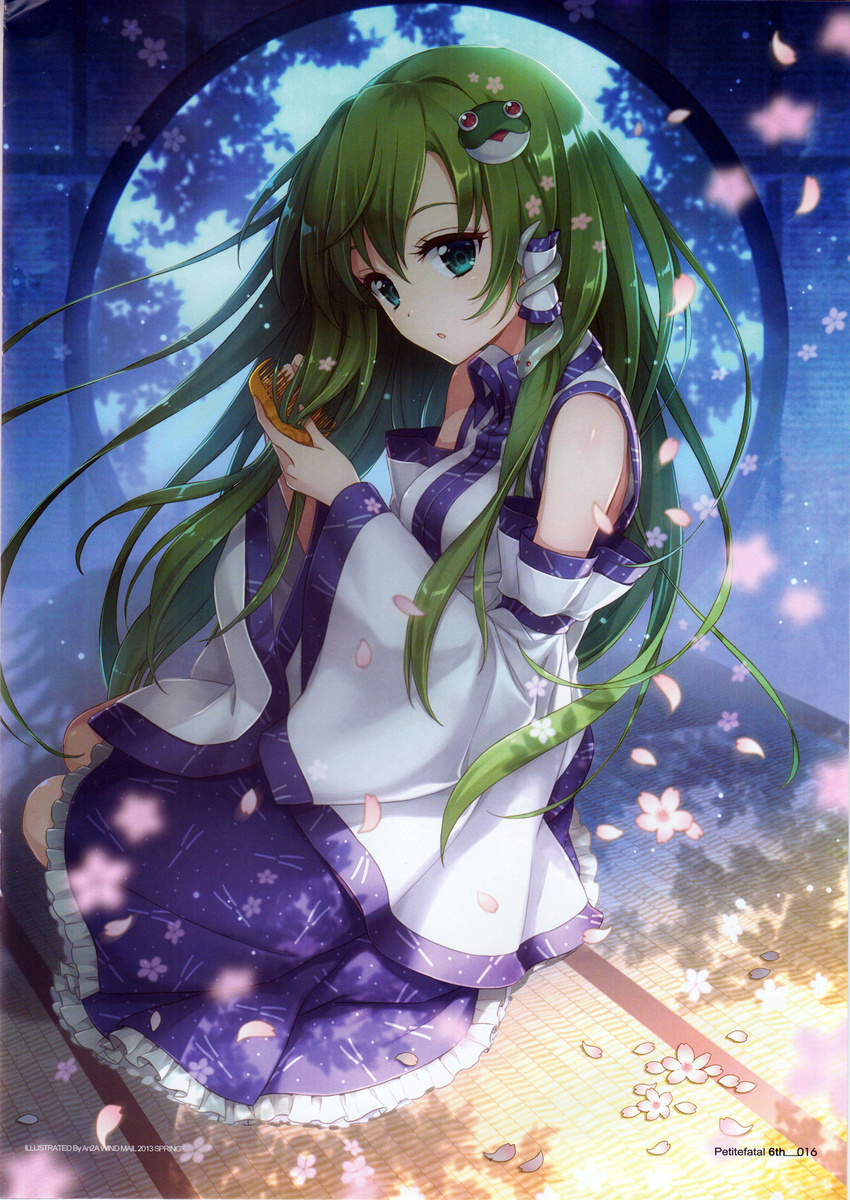 2013 absurdres an2a artist_name bangs blurry cherry_blossoms comb combing copyright_name depth_of_field detached_sleeves floral_print frills frog_hair_ornament green_eyes green_hair hair_ornament hair_tubes highres holding indoors japanese_clothes kochiya_sanae long_hair looking_at_viewer open_mouth page_number petals round_window scan shadow sitting sleeveless snake_hair_ornament solo spring_(season) tatami touhou tree_shade wide_sleeves window yokozuwari