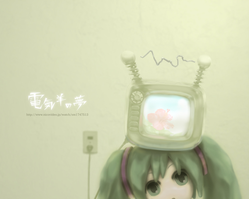 bad_id bad_pixiv_id electric_socket green_eyes green_hair hatsune_miku nekoita solo television vocaloid