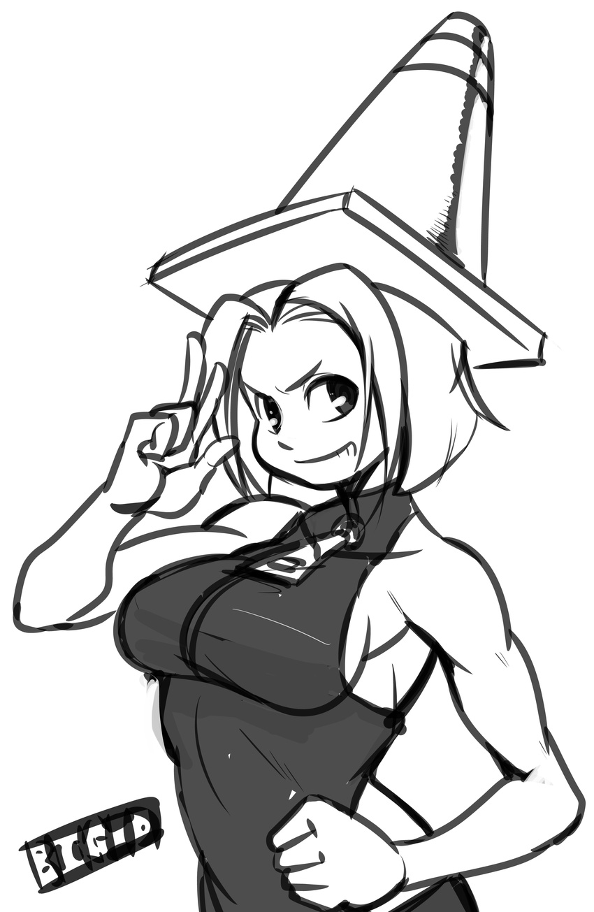 absurdres angie_(nerf_now!!) bare_shoulders breasts genderswap genderswap_(mtf) greyscale grin halter_top halterneck highres josue_pereira large_breasts mighty_no._9 monochrome muscle nerf_now!! on_head parody salute short_hair sideboob smile team_fortress_2 the_engineer traffic_cone zipper