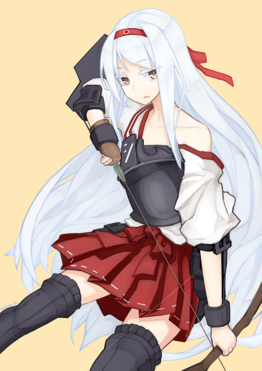 bad_id bad_pixiv_id boots bow_(weapon) hairband highres japanese_clothes kantai_collection long_hair miko mikoto_(oi_plus) muneate shoukaku_(kantai_collection) simple_background skirt solo thigh_boots thighhighs very_long_hair weapon white_hair