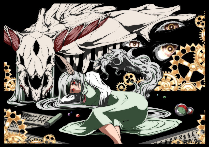animal_skull ball beachball black_background border breasts dress ex-keine eyeball gears green_hair head_rest highres horns kamishirasawa_keine large_breasts long_hair long_sleeves looking_at_viewer lying marble on_side potato_pot red_eyes ribbon scroll simple_background skeleton solo tail touhou very_long_hair
