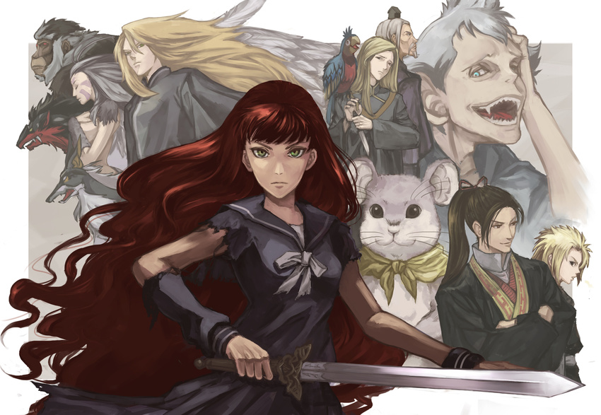 6+boys animal aozaru bad_id bad_pixiv_id beast bird blonde_hair blue_eyes chinese_clothes enki green_eyes grey_hair hand_on_own_face hankyo hyouki juuni_kokuki keiki king_en king_kou knife kourin long_hair mochikko_(cocoa0101) mouse multiple_boys multiple_girls nakajima_youko open_mouth parrot ponytail rakushun scarf school_uniform sharp_teeth suiguutou_(juuni_kokuki) sword teeth very_long_hair weapon