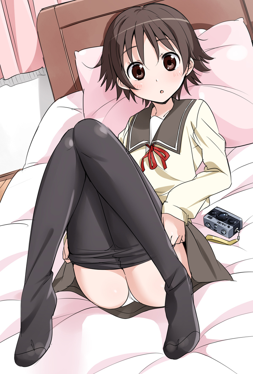 :o bed black_legwear blush brown_eyes brown_hair camera curtains dutch_angle full_body highres legs long_legs long_sleeves looking_at_viewer lying mousou_(mousou_temporary) no_shoes on_back on_bed open_mouth panties pantyhose pantyhose_pull pillow ribbon rollei_35 sawatari_fuu school_uniform short_hair solo tamayura thighs underwear undressing white_panties