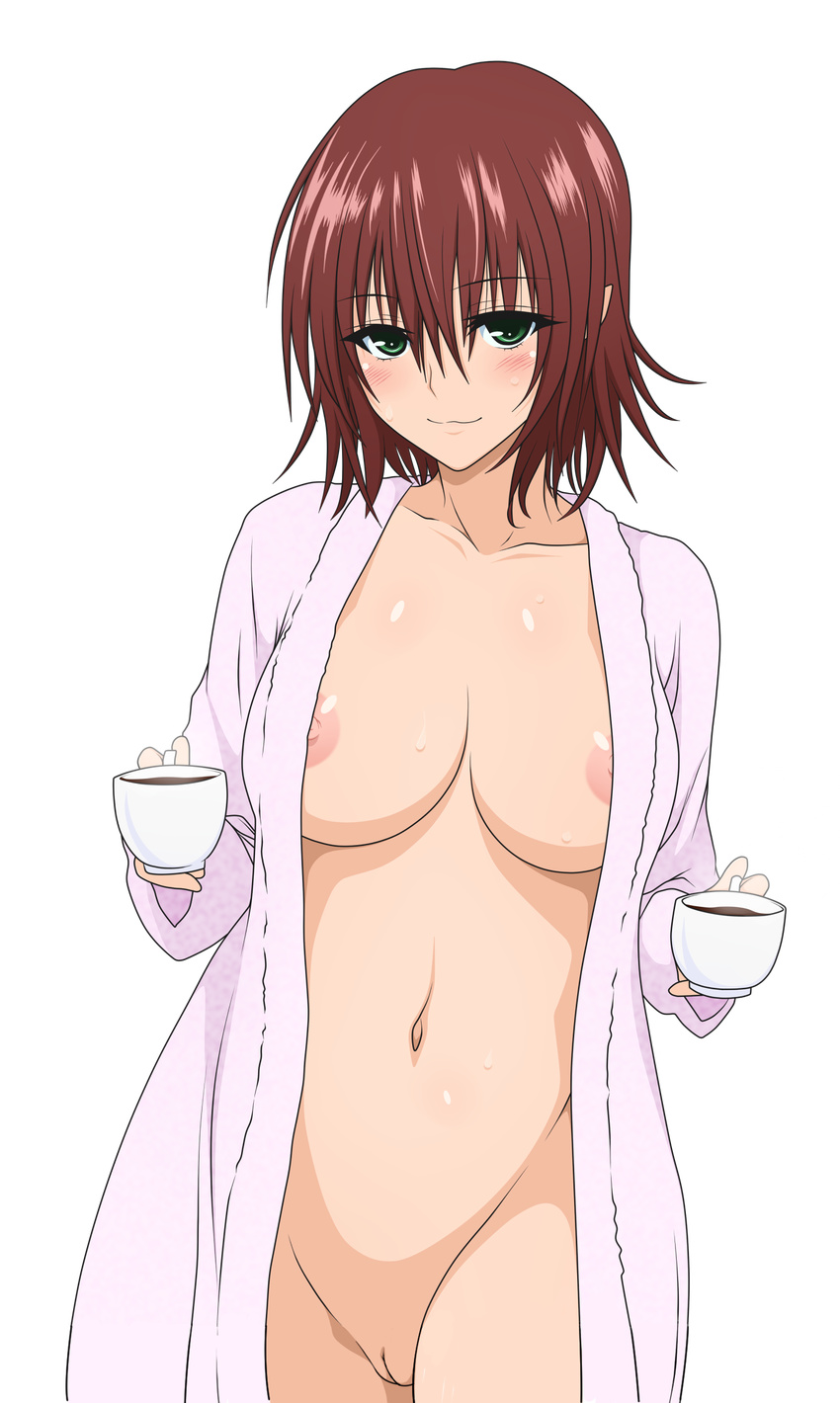 1girl areola_slip areolae breasts brown_hair coffee extraction green_eyes highres large_breasts mikado_ryouko nipples nude_filter open_clothes open_shirt photoshop pussy shaved_pussy shirt short_hair to_love-ru to_love-ru_darkness uncensored vagina vector wink woman