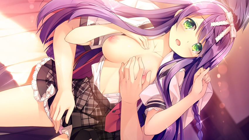 1boy 1girl blush bow braid braids breast_grab breasts daikou_wakako game_cg grabbing green_eyes headband koba_kazuomi koi_saku_miyako_ni_ai_no_yakusoku_wo_~annaffiare~ long_hair natsume_eri nipples open_clothes open_shirt panties pantyshot purple_hair school_uniform seifuku shirt skirt underwear upskirt