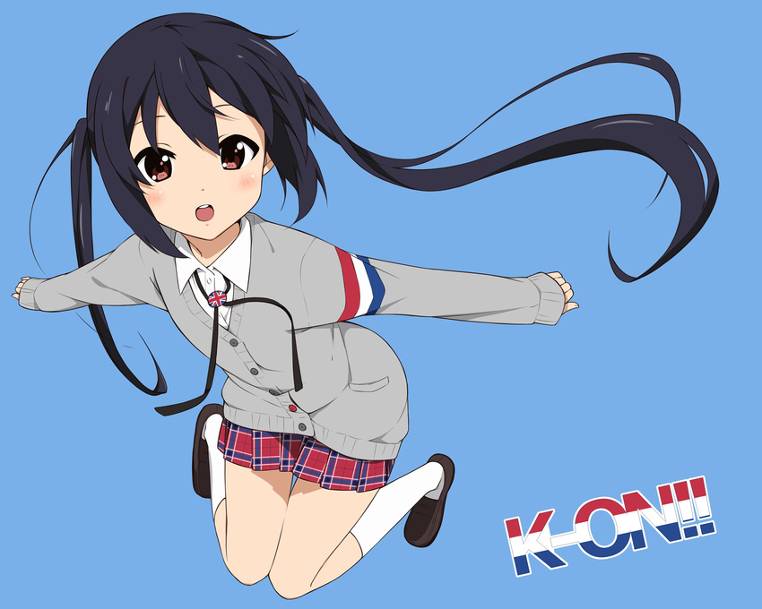 black_hair blue_background blush bolo_tie brown_eyes buttons cardigan copyright_name dress_shirt full_body highres k-on! k-on!_movie loafers long_hair mousou_(mousou_temporary) nakano_azusa official_style open_mouth outstretched_arms plaid plaid_skirt pleated_skirt round_teeth shirt shoes simple_background skirt sleeves_past_wrists smile socks solo teeth twintails union_jack white_legwear