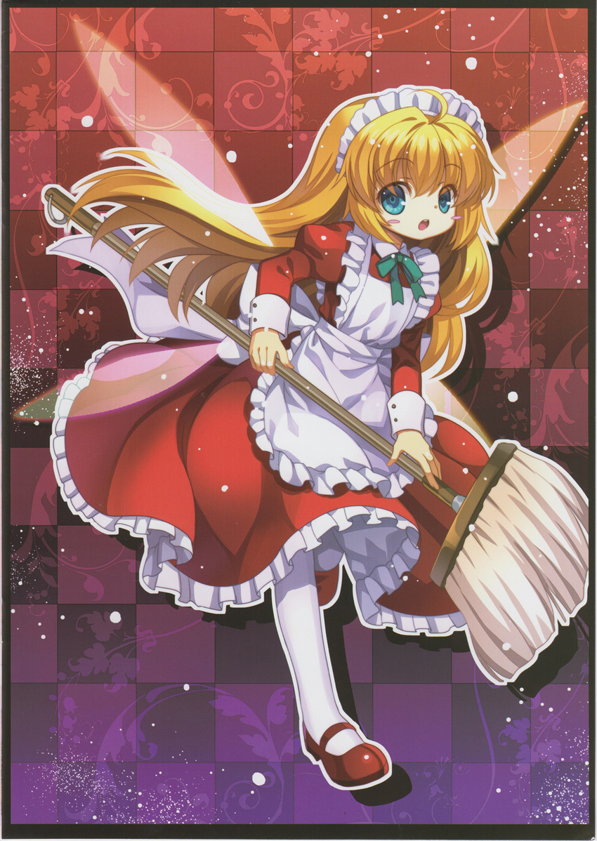 apron blonde_hair blue_eyes blush_stickers bow capura_lin checkered checkered_background fairy fairy_maid fairy_wings frills full_body highres juliet_sleeves long_hair long_sleeves looking_at_viewer maid maid_headdress mary_janes mop open_mouth pantyhose puffy_sleeves ribbon scan shirt shoes skirt skirt_set solo touhou vest white_legwear wings
