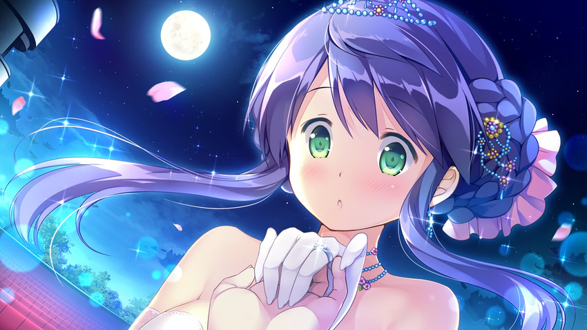 1girl blush daikou_wakako earrings game_cg gloves green_eyes hair_ornament jewelry koi_saku_miyako_ni_ai_no_yakusoku_wo_~annaffiare~ moon natsume_eri necklace night purple_hair stairs tiara