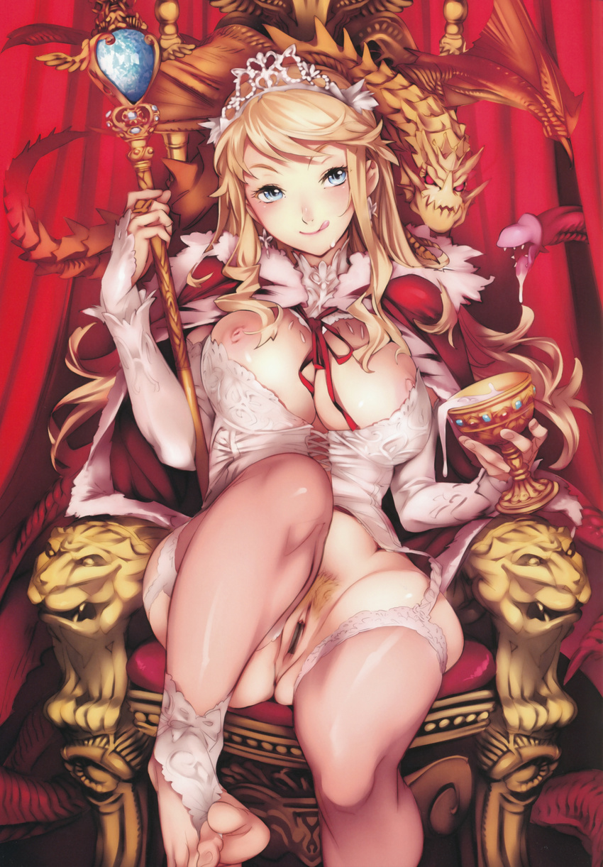 1girl :q absurdres bar_censor barefoot blonde_hair blue_eyes breasts censor_bar censored comic_megastore corset crown dragon feet goblet highres leg_garter long_hair nipples nishieda no_panties pointless_censoring pubic_hair pussy queen scepter sitting solo thighhighs throne toe-point toeless_socks toes tongue tongue_out