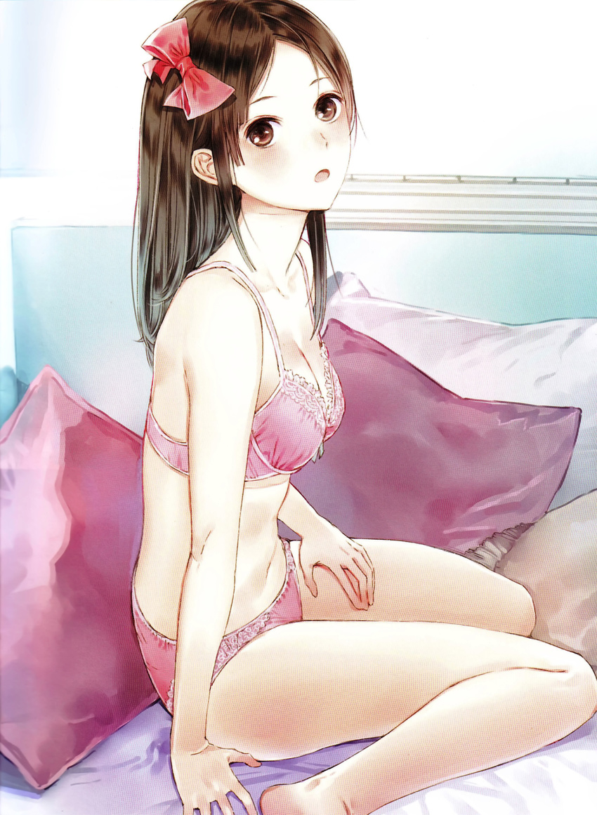:o absurdres bare_legs barefoot bow bra breasts brown_eyes brown_hair cleavage hair_bow hand_on_thigh highres kishida_mel long_hair looking_at_viewer medium_breasts navel open_mouth original panties pillow pink_bra pink_panties scan sitting solo underwear underwear_only wariza