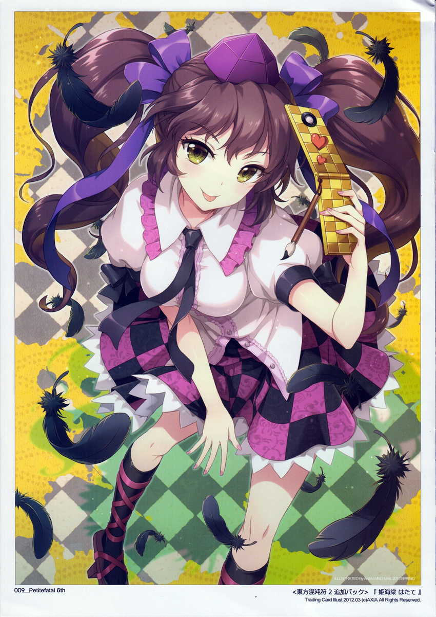:p absurdres an2a black_legwear breasts brown_hair cellphone checkered checkered_skirt dress_shirt green_eyes hat highres himekaidou_hatate japanese_clothes large_breasts long_hair looking_at_viewer necktie phone pointy_ears puffy_sleeves ribbon sandals scan shirt short_sleeves skirt smile socks solo tokin_hat tongue tongue_out touhou twintails