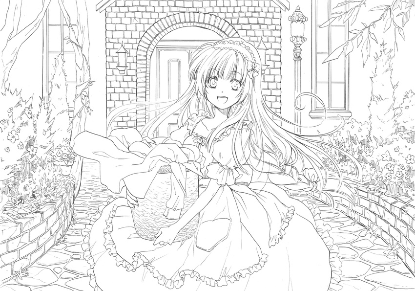 bad_id bad_pixiv_id dress greyscale highres lineart long_hair looking_at_viewer monochrome niwa_toriko open_mouth original smile solo very_long_hair