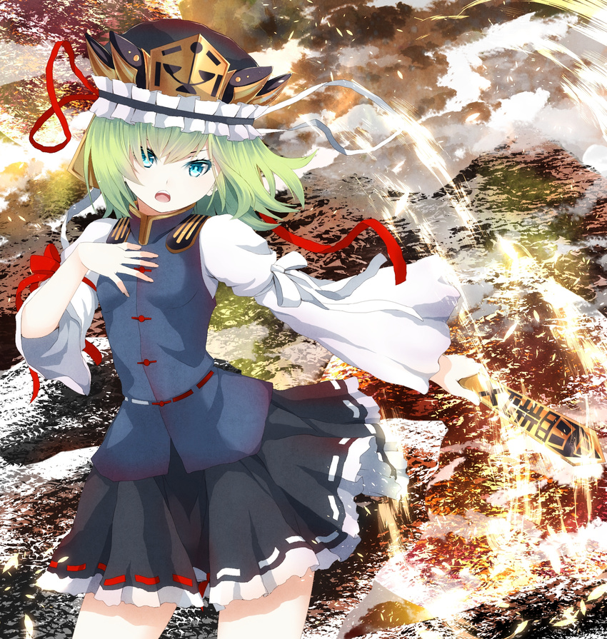 arm_ribbon blue_eyes green_hair hand_on_own_chest hat hat_ribbon highres long_sleeves looking_at_viewer mikoma_sanagi open_mouth ribbon rod_of_remorse shiki_eiki shirt skirt solo touhou vest wide_sleeves