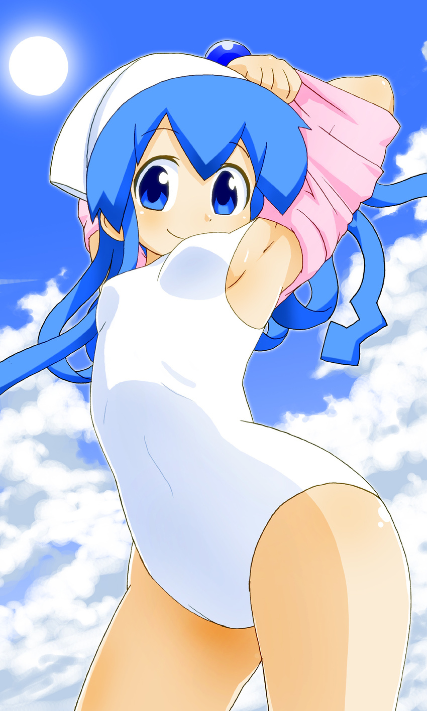 armpit armpits blue_eyes blue_hair bracelet breasts cloud clouds highres ikamusume jewelry looking_at_viewer sat-c shinryaku!_ikamusume sideboob sky small_breasts smile solo sun swimsuit undressing white_swimsuit