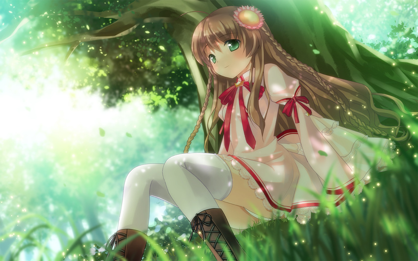 boots braid green_eyes hair_ornament highres kanbe_kotori nor2012 panties rewrite school_uniform thighhighs tree twin_braids underwear