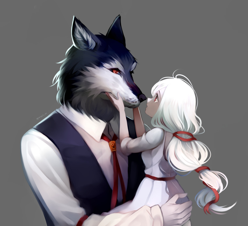 anthro canine child clothed clothing dress duo eye_contact female fur grey_fur hair holding_character holding_face human male mammal ponytail red_eyes ribbons ropang size_difference suit white_fur white_hair wolf young