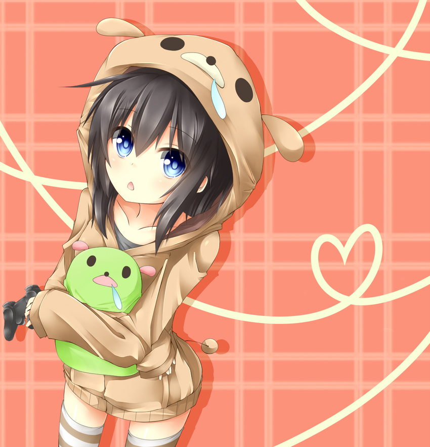 animal_costume black_hair blush chabaneko controller game_controller heart heart_of_string hood hoodie looking_at_viewer solo striped striped_legwear thighhighs yodaremushi