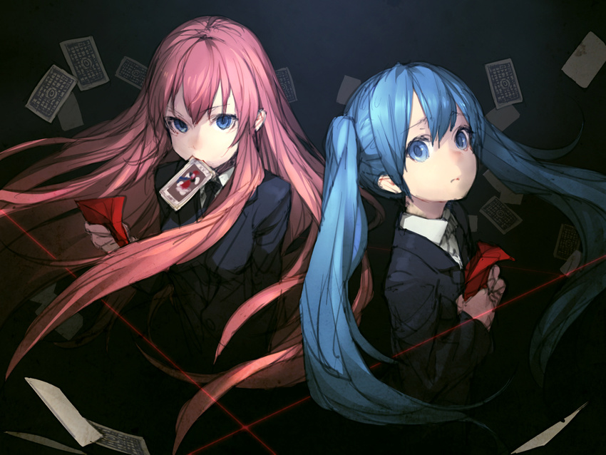 arm_at_side bangs black_jacket black_suit blue_eyes blue_hair breasts card closed_mouth collared_shirt dark envelope flat_chest floating_card floating_hair formal frown hatsune_miku holding holding_card jacket junwool laser_beam long_hair long_sleeves looking_at_viewer medium_breasts megurine_luka mouth_hold multiple_girls pink_hair shirt suit twintails upper_body v-shaped_eyebrows very_long_hair vocaloid white_shirt