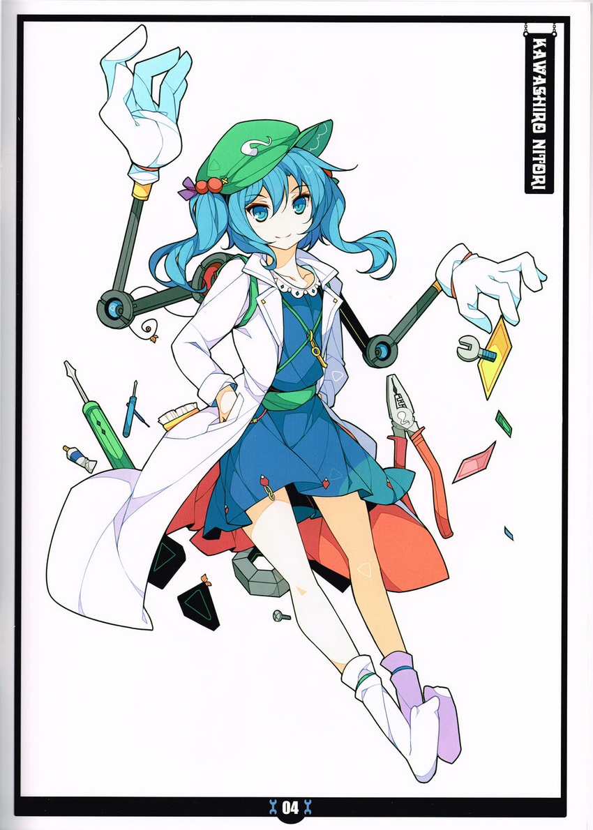 blue_eyes blue_hair character_name coat dress hair_bobbles hair_ornament hands_in_pockets hat highres ideolo kawashiro_nitori key looking_at_viewer mechanical_arm scan screw screwdriver short_hair smile socks solo tools touhou two_side_up white_background