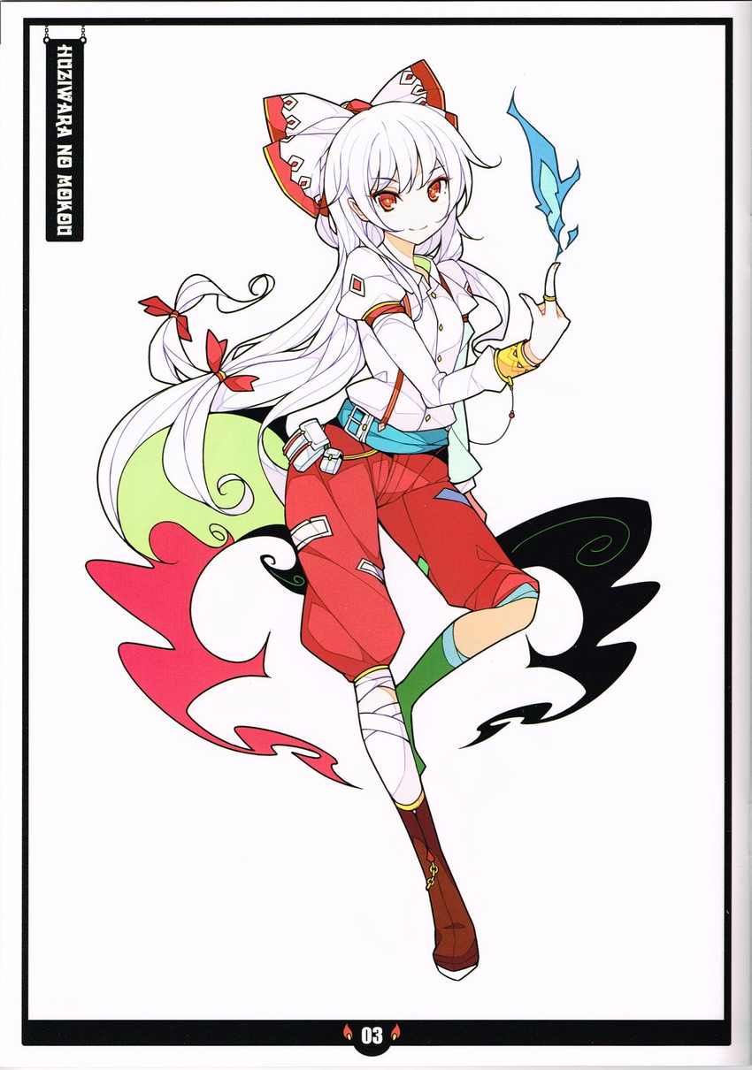 adapted_costume albino alternate_costume belt blue_fire boots bow character_name fire fujiwara_no_mokou full_body hair_bow hair_ornament hair_ribbon highres ideolo jewelry kunreishiki long_hair long_sleeves looking_at_viewer pants puffy_sleeves red_eyes ribbon ring scan smile solo touhou white_background white_hair