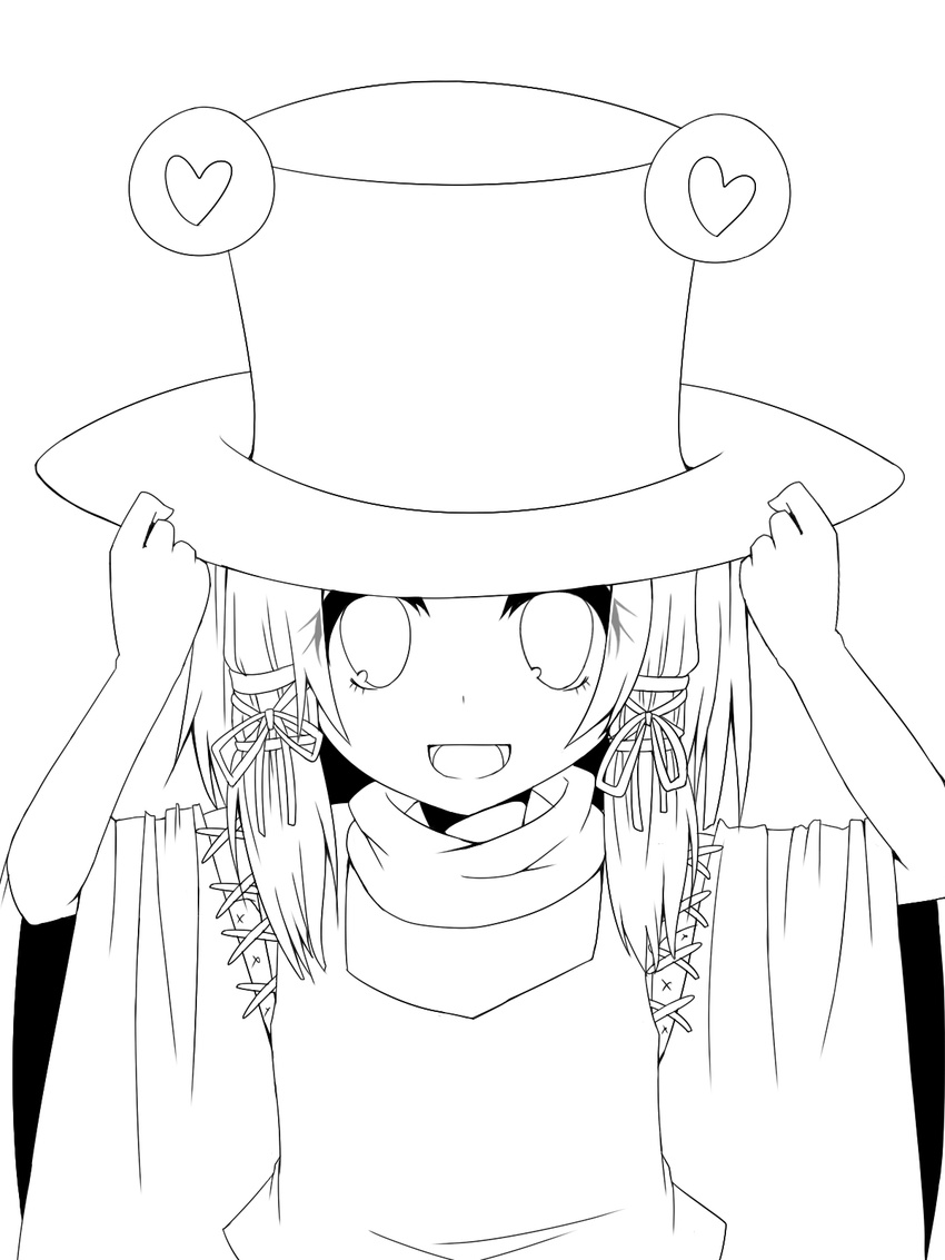 greyscale hat heart highres lineart looking_at_viewer monochrome moriya_suwako open_mouth smile solo touhou
