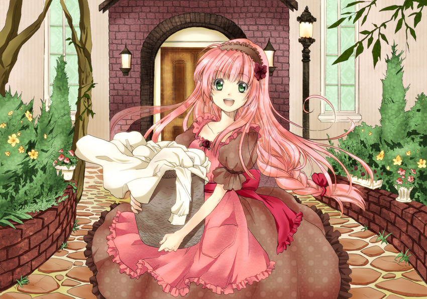 colorized dress green_eyes highres jellylily long_hair looking_at_viewer open_mouth original pink_hair smile solo very_long_hair