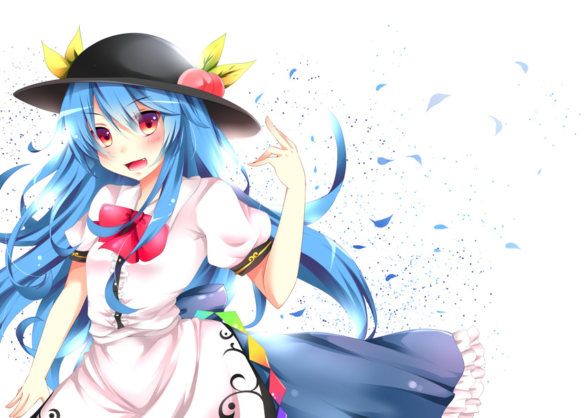 blue_hair blush food fruit hat highres hinanawi_tenshi long_hair looking_at_viewer miy@ open_mouth peach red_eyes simple_background smile solo touhou white_background