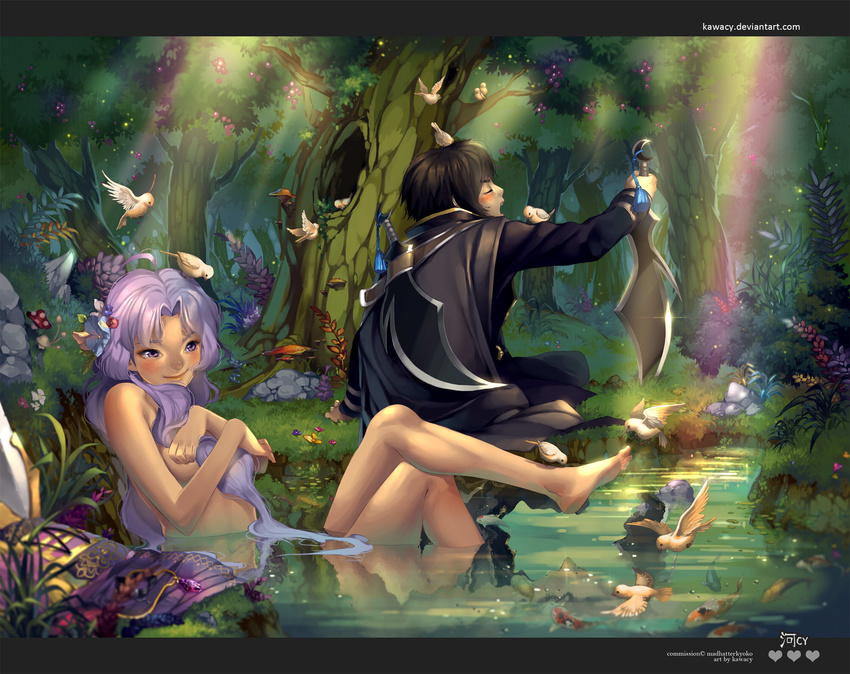 1girl barefoot bird black_hair blush cape closed_eyes clothed_male_nude_female clothes_removed crossed_legs forest highres kawacy light_rays long_hair nature nude original outdoors partially_submerged pond purple_eyes purple_hair rainbow short_hair sitting smile sunbeam sunlight sword tree water weapon